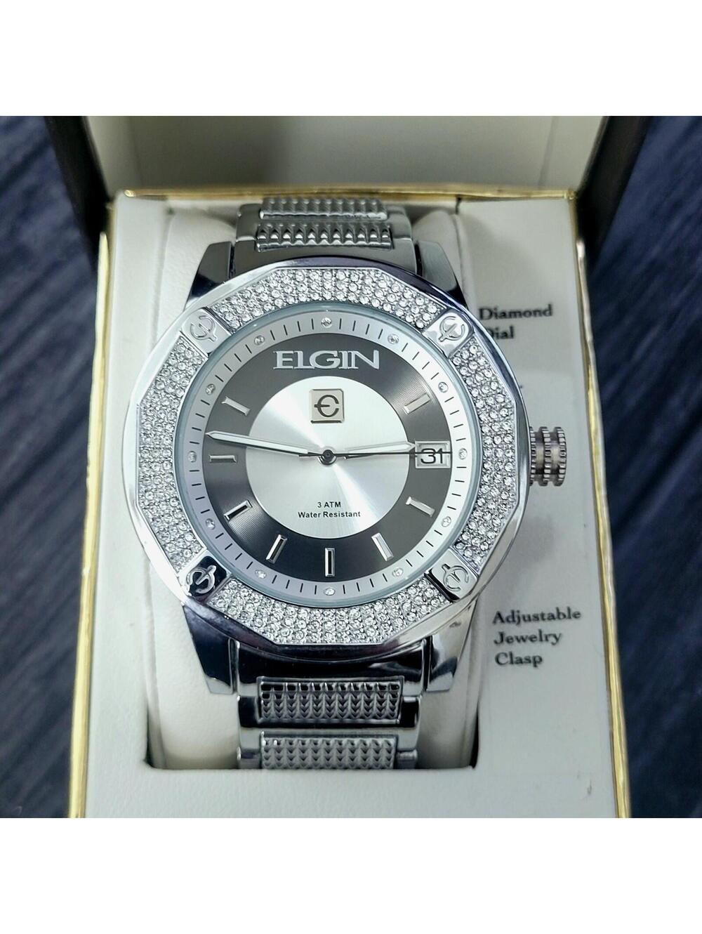 Rare Diamond Paved Bezel Mens Watch Elgin Authorized Dealer - Picture 4 of 13